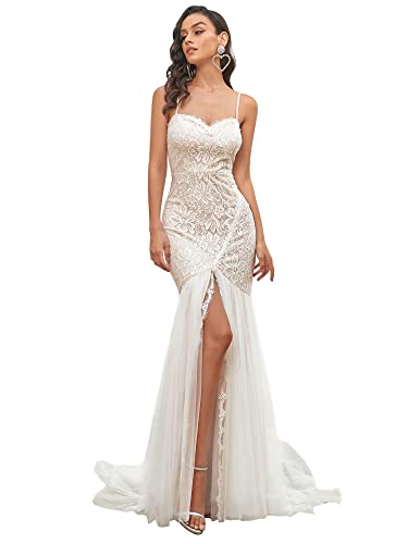 White Lace Mermaid Bridal Gown with Long Train