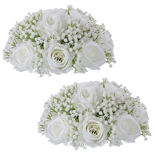 White Rose & Babys Breath Wedding Centerpieces (2pcs)