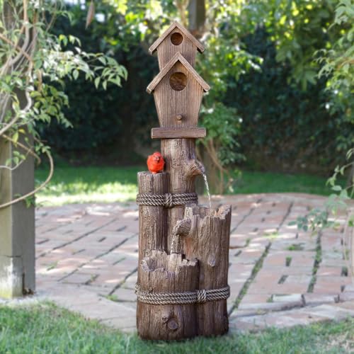 Alpine 3-Tier Log Birdhouse Waterfall Fountain, 35", Brown
