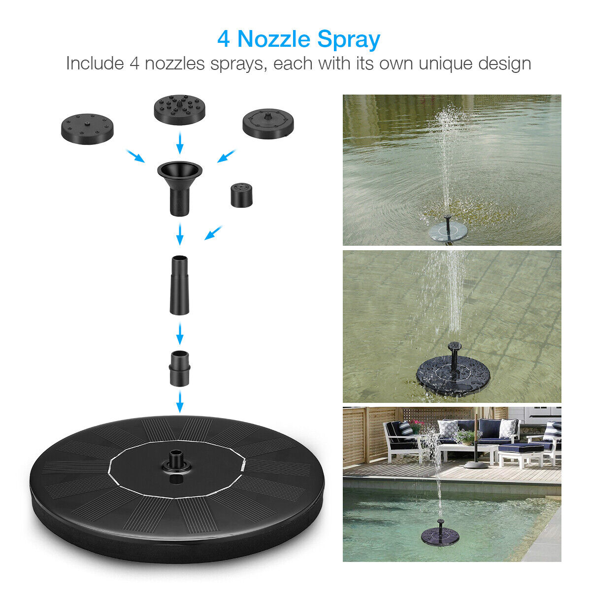 Solar Bird Bath Fountain Pump with 4 Nozzles