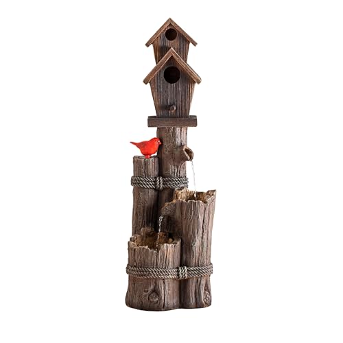 Alpine 3-Tier Log Birdhouse Waterfall Fountain, 35", Brown
