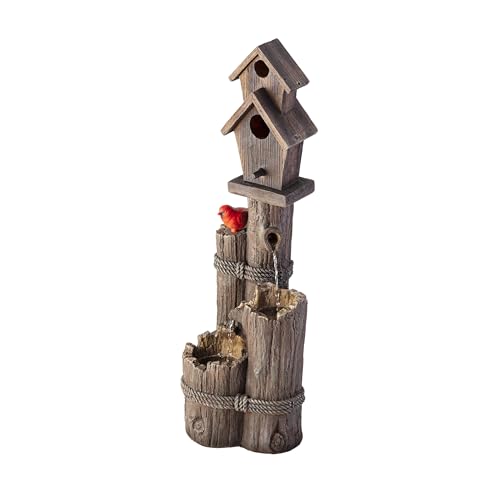 Alpine 3-Tier Log Birdhouse Waterfall Fountain, 35", Brown