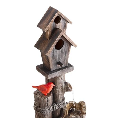 Alpine 3-Tier Log Birdhouse Waterfall Fountain, 35", Brown