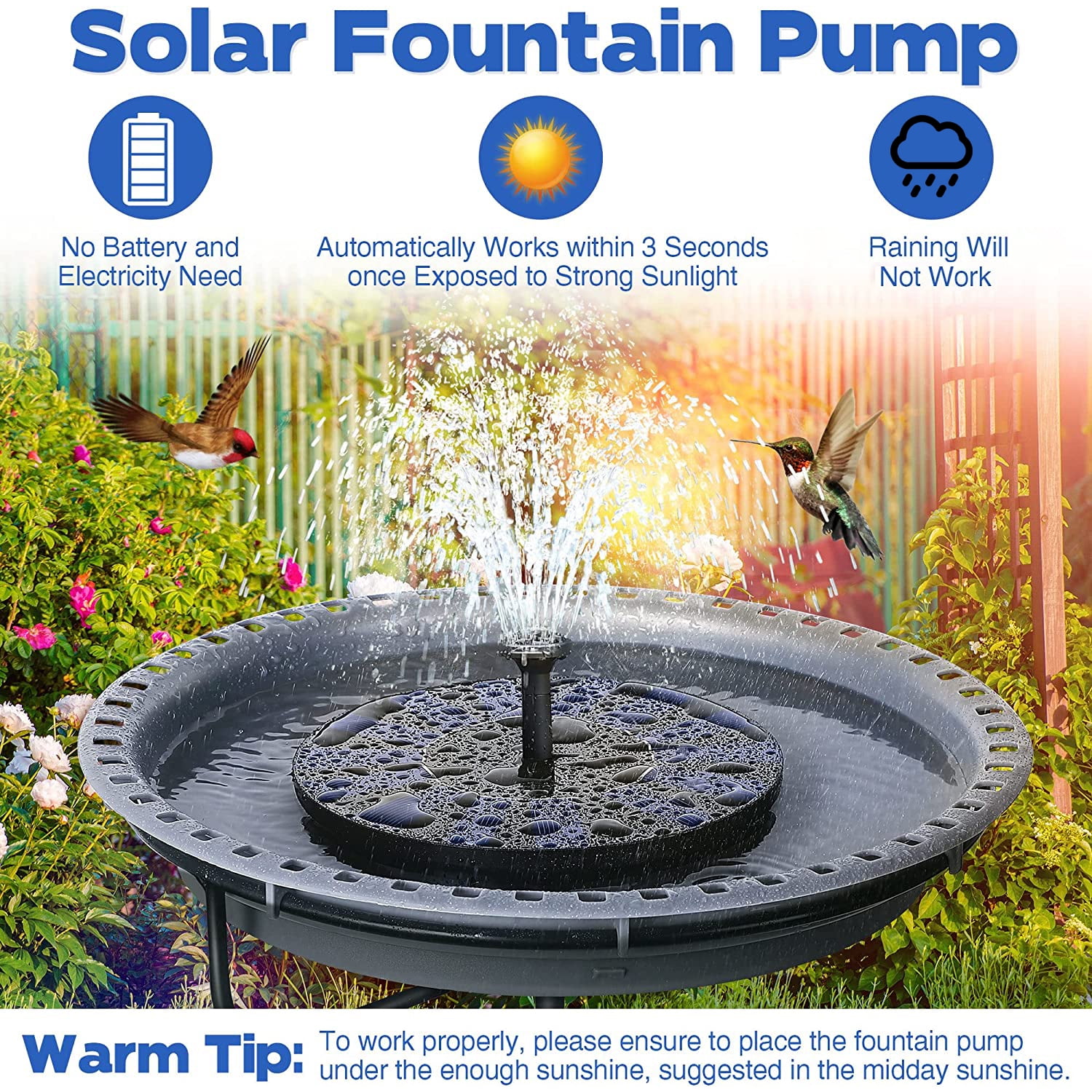 Floating Solar Water Fountain Pump for Bird Bath, Garden