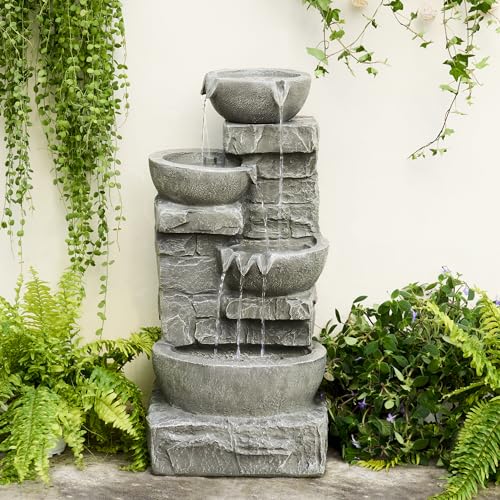 Teamson Home Cascading Outdoor Water Fountain, Stone Gray