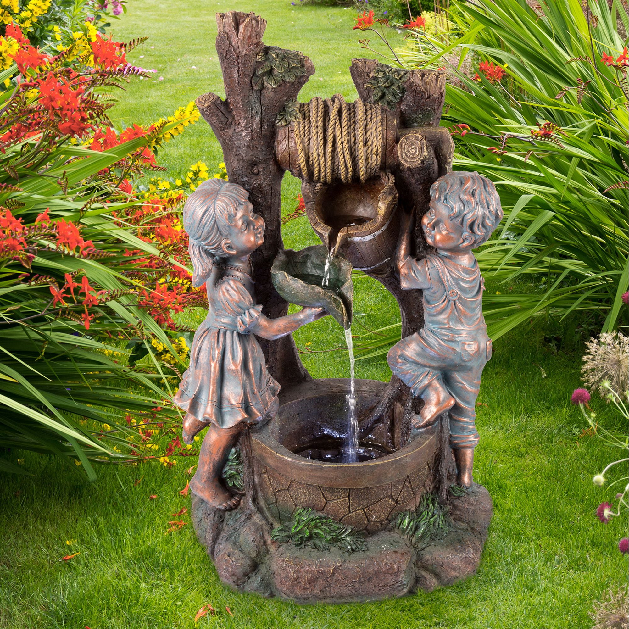 Polyresin Boy and Girl Outdoor Water Fountain - Bronze