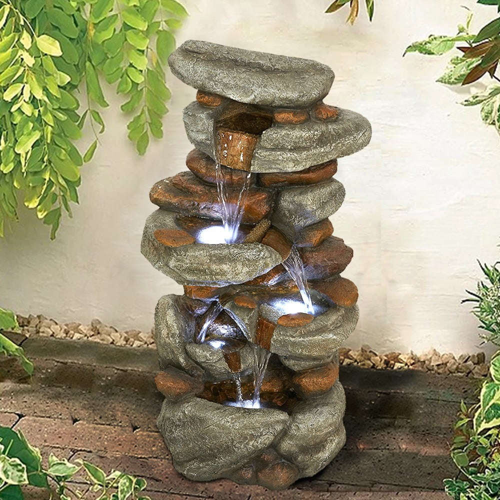 4-Tier Rock Water Fountain with LED Lights for Garden