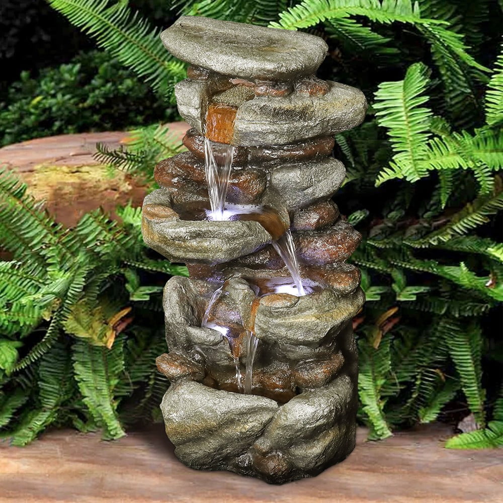 4-Tier Rock Water Fountain with LED Lights for Garden