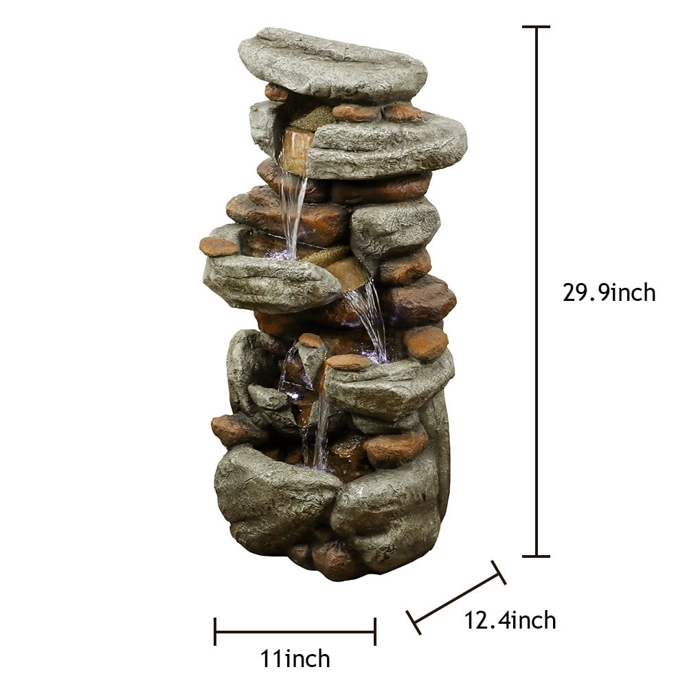 4-Tier Rock Water Fountain with LED Lights for Garden