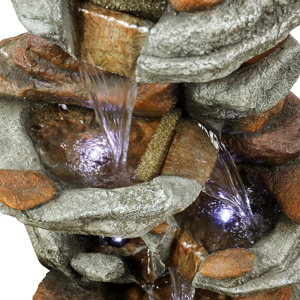 4-Tier Rock Water Fountain with LED Lights for Garden