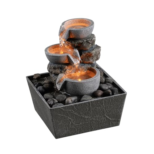 3-Bowl Rockery Tabletop Fountain with LED Light/ Cobblestones