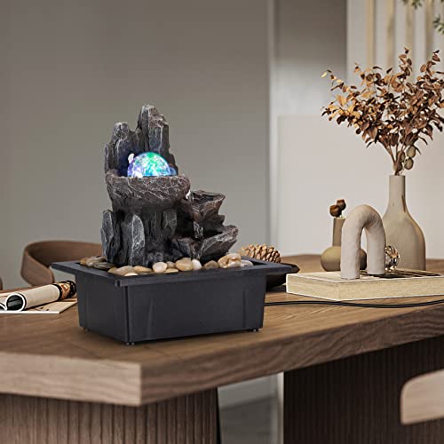 Tabletop Rock Waterfall Fountain with Rotating Ball and Lights