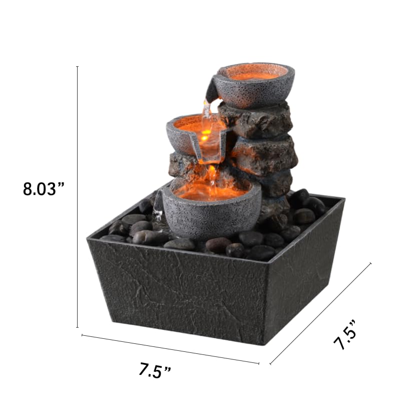 3-Bowl Rockery Tabletop Fountain with LED Light/ Cobblestones