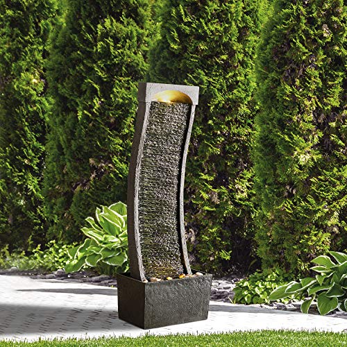Teamson Modern Curved Slate Waterfall Fountain with LED Light