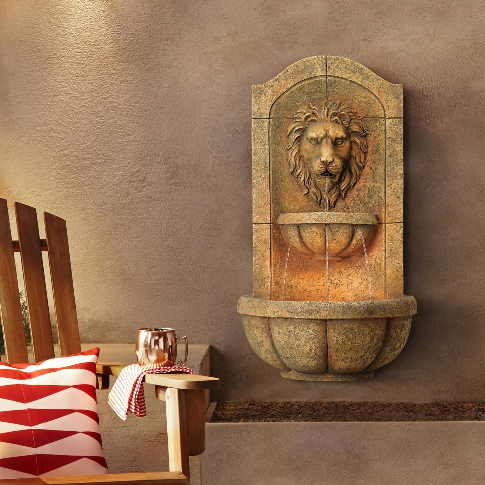 Rustic Lion Head Outdoor Wall Water Fountain LED Light