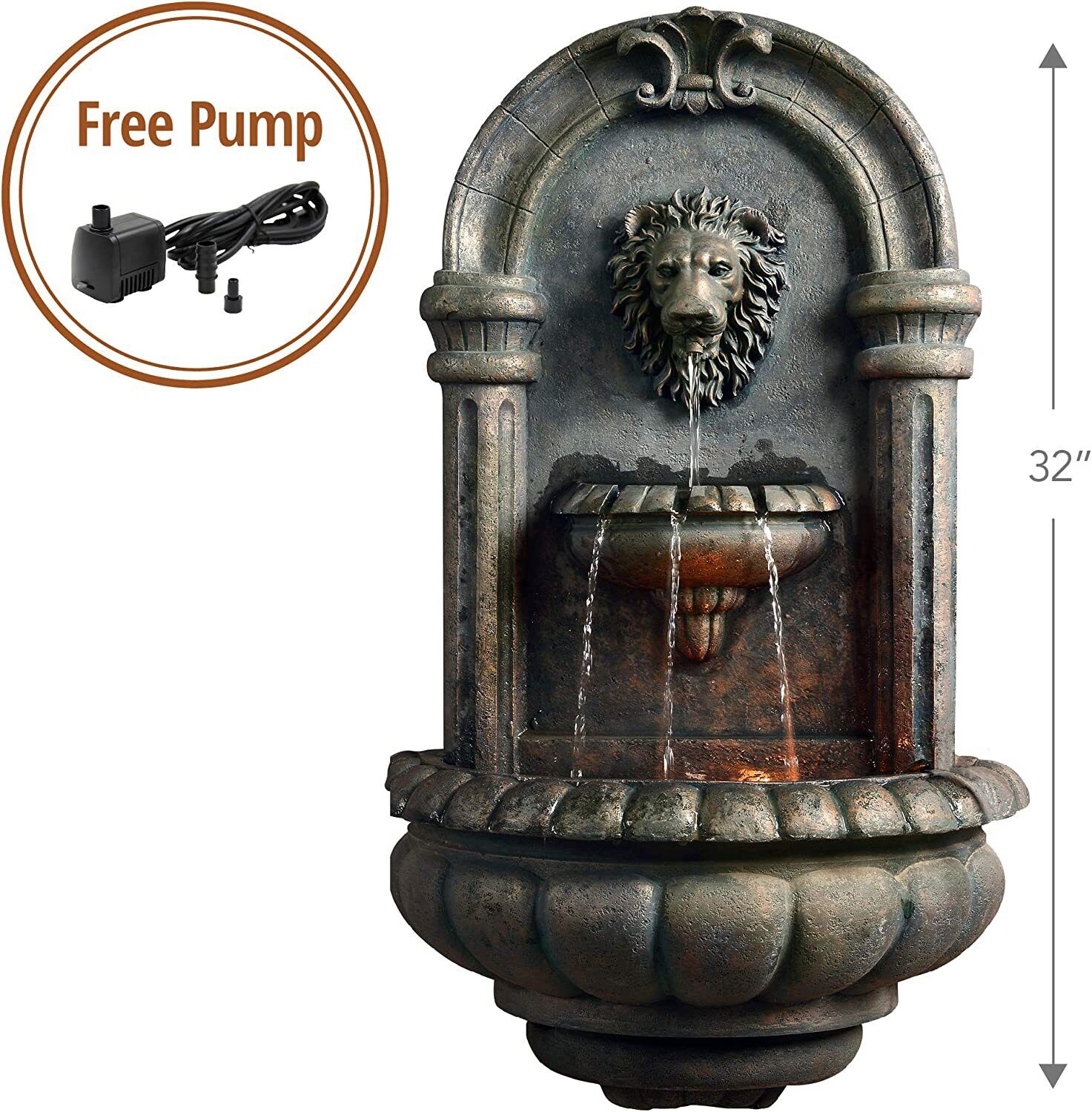 Lion Wall Water Fountain with Lights for Patio