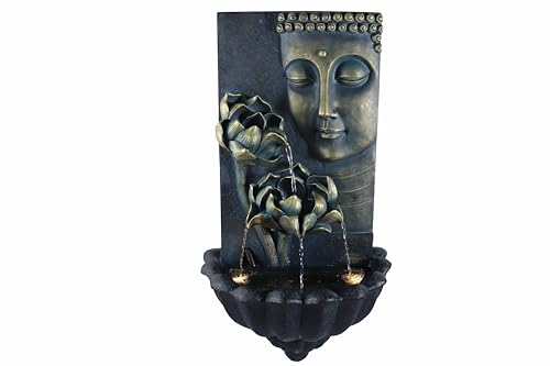 Zen Buddha Face Lotus Outdoor Water Fountain, 32.3" Tall