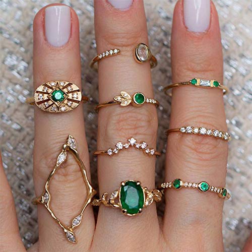 Bohemian Stackable Emerald Crystal Gold Midi Ring Set