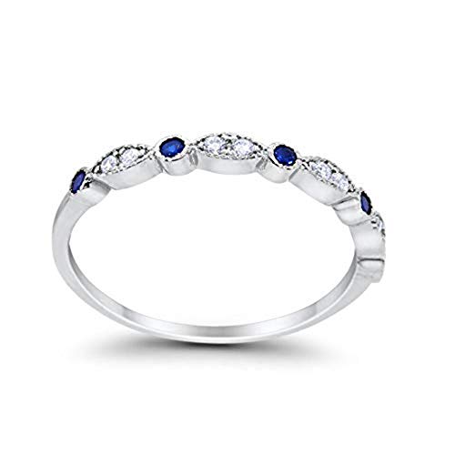 2mm Blue Sapphire CZ Wedding Band, Art Deco Design