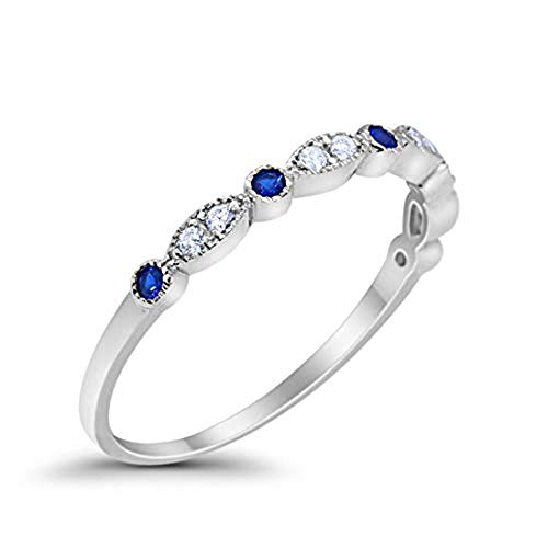 2mm Blue Sapphire CZ Wedding Band, Art Deco Design