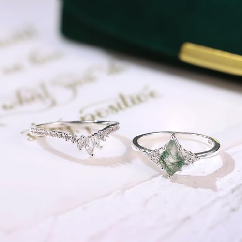 925 Sterling Silver Moss Agate Engagement Promise Ring