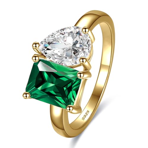 Emerald Toi Et Moi Ring Sterling Silver Gold Plated