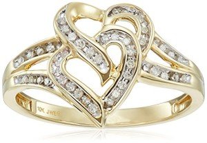 10K Yellow Gold Diamond Hearts Ring, Size 6