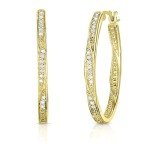 Twisted Oval Diamond Hoop Earrings in Yellow Gold
