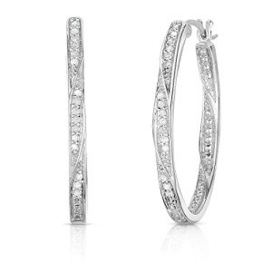 Twisted Oval Diamond Hoop Earrings in Silver