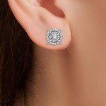 Diamond Halo Stud Earrings in Rhodium-Plated Silver