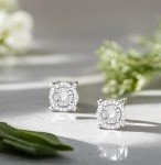 Diamond Halo Stud Earrings in Rhodium-Plated Silver
