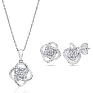 Diamond Love Knot Stud Earrings & Pendant Necklace Set
