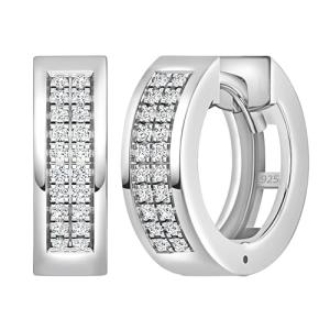 Unisex Double Row Diamond Hoop Earrings in Silver