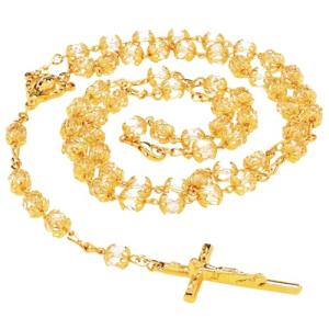 Gold Rosary Crucifix Necklace with Crystal Beads