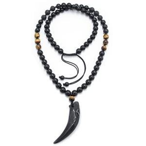 Wolf Tooth Necklace with Black Obsidian & Tiger Eye