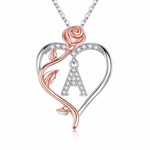 Rose Heart Initial A Necklace for Women