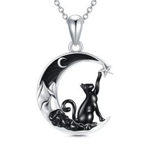 Black Cat Necklace with Crescent Moon Pendant