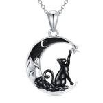 Black Cat Necklace with Crescent Moon Pendant