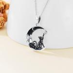 Black Cat Necklace with Crescent Moon Pendant