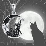 Black Cat Necklace with Crescent Moon Pendant