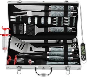24PC BBQ Grill Tool Set with Thermometer & Injector