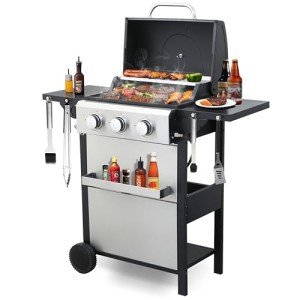 3-Burner Propane Gas Grill with Foldable Side Tables
