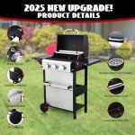 3-Burner Propane Gas Grill with Foldable Side Tables