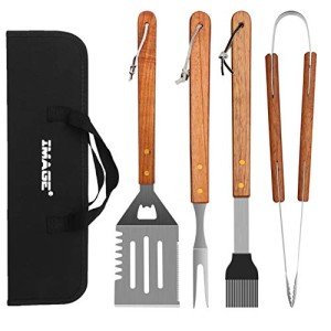 Wooded BBQ Accessories Set - Stainless Steel Tools