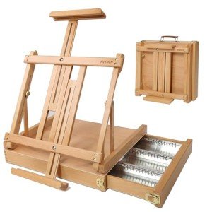 MEEDEN Studio Sketchbox Table Easel with Metal Lined Drawer - Adjustable Solid Beech Wood Tabletop Easel & Sketchbox Artist Easel with Storage, for Studio or Plein Air - Holds canvases up to 34" high