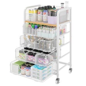 5-Tier Craft Organizer Cart with Wheels,Storage Cart with Drawers,Lockable Wheels Rolling Utility Cart,Makeup Cart with DIY Divider,Office Supply Organizer Cart,Ideal for Studio,Office,Bedroom,White