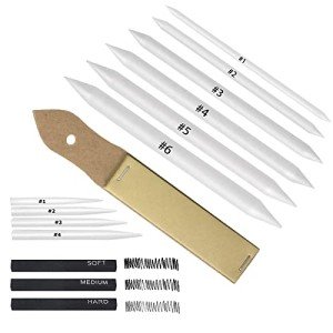 CAMATTO 14 PCS Blending Stumps and Tortillions Paper Art Blenders Tool with Sandpaper Pencil Sharpener Pointer Compressed Charcoal Sticks for Student Artist Charcoal Sketch Drawing Shading