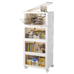 4 Tier Plastic Storage Bins and Boxes Organizer - Stackable with Lids for Bedroom, Living Room, Kitchen, Office - Foldable Containers