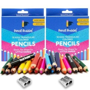 Color Pencils Set For Kids (2 Sets) - Short Fat Triangle Pencils for Kids Ages 2-7 - Jumbo Pencils for Preschoolers, Kindergarten, Toddlers, Beginners - Triangular Colored Pencils Sets With Sharpeners