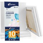 Artkey Canvases for Painting 8 x 10 Inch 10 - Pack, 5/8" Profile Stretched Canvas - 10 oz Primed, 100% Cotton White Blank Canvas - Art Paint Canvases for Acrylic Oil Paint